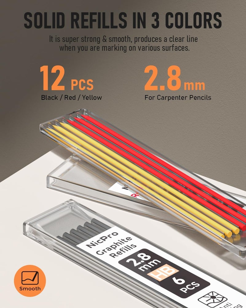 Nicpro Upgraded 3-IN-1 Carpenter Pencils with Sharpener & Finger Grip, Construction Pencil with 13 Leads, Deep Hole Marking Tool, Solid Mechanical Pencil for Carpenters Scriber Architect Woodworking - Image 4